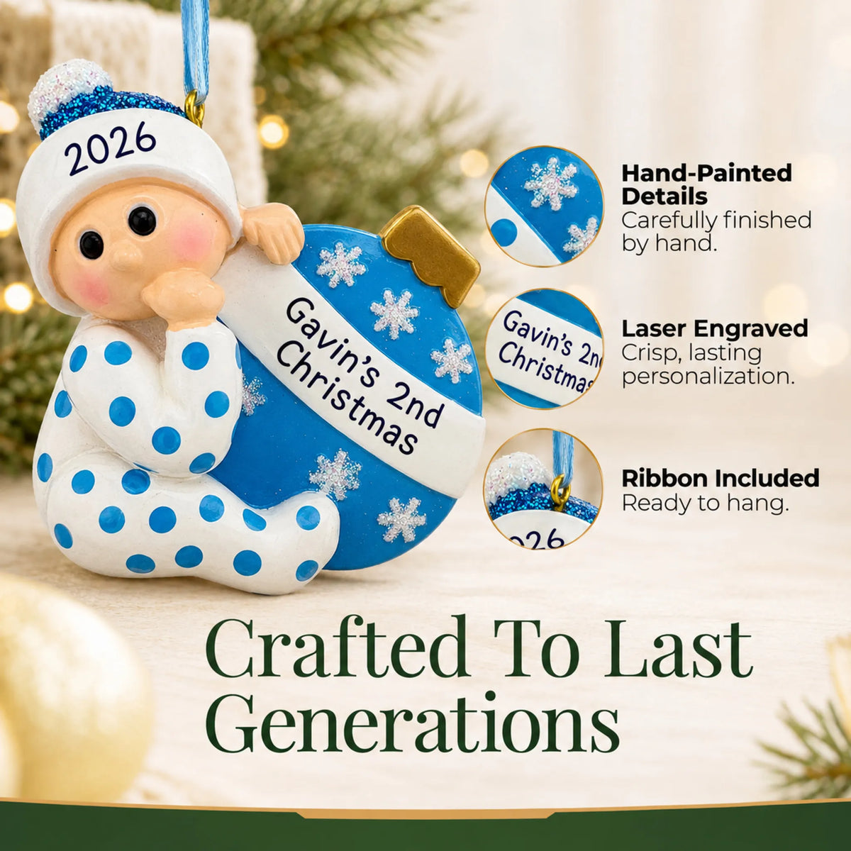 Hand-painted details and laser engraved personalization on the blue baby's 2nd christmas ornament, ribbon included