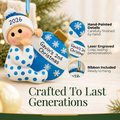 Hand-painted details and laser engraved personalization on the blue baby's 2nd christmas ornament, ribbon included