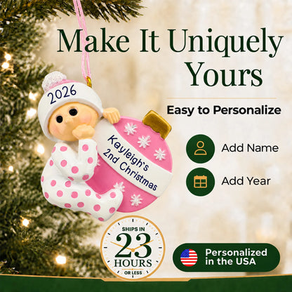 Make it yours: add name and year to the personalized pink baby's 2nd christmas ornament