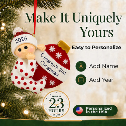 Make it yours: add name and year to the personalized red baby's 2nd christmas ornament