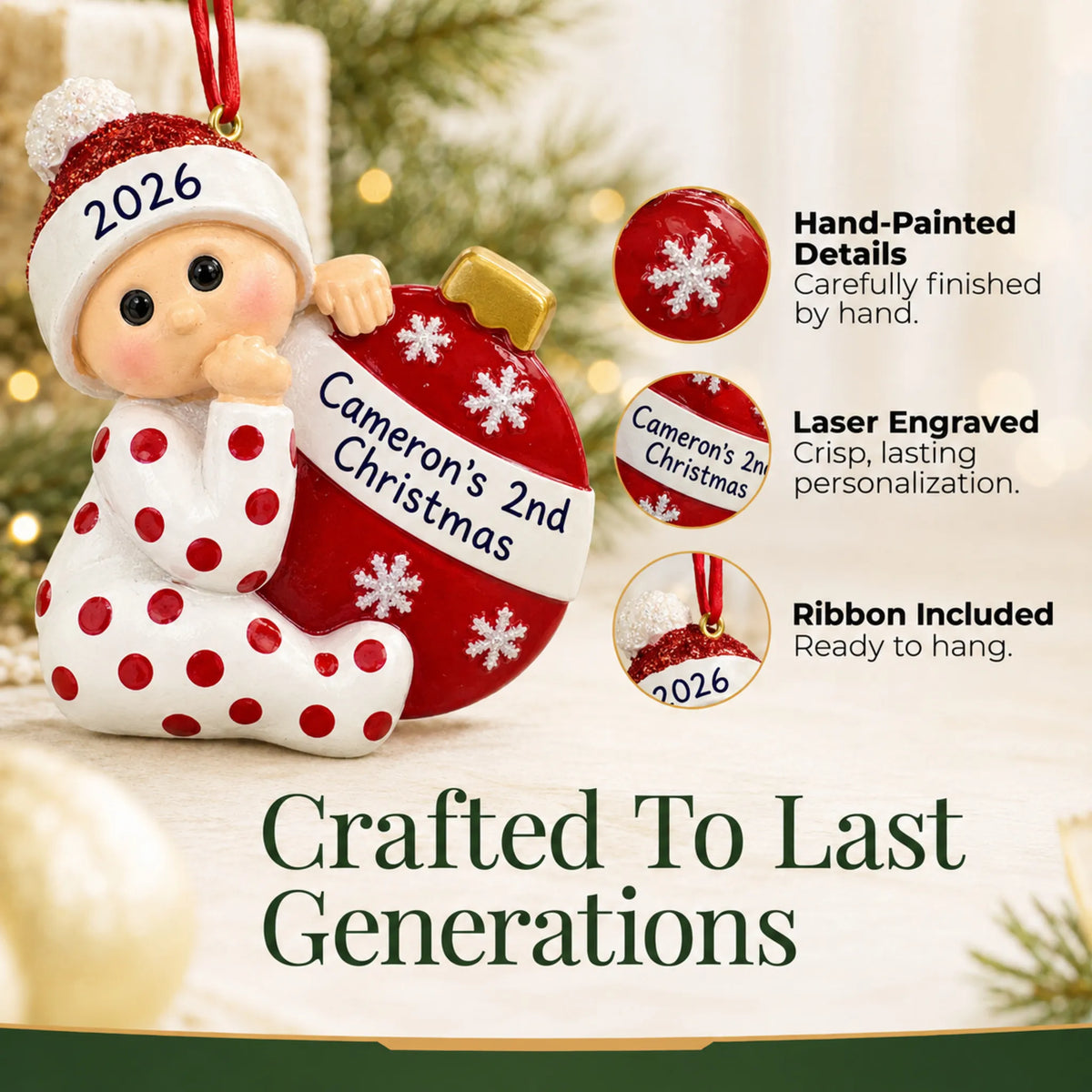 Hand-painted details and laser engraved personalization on the red baby's 2nd christmas ornament, ribbon included