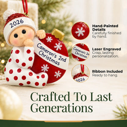Hand-painted details and laser engraved personalization on the red baby's 2nd christmas ornament, ribbon included