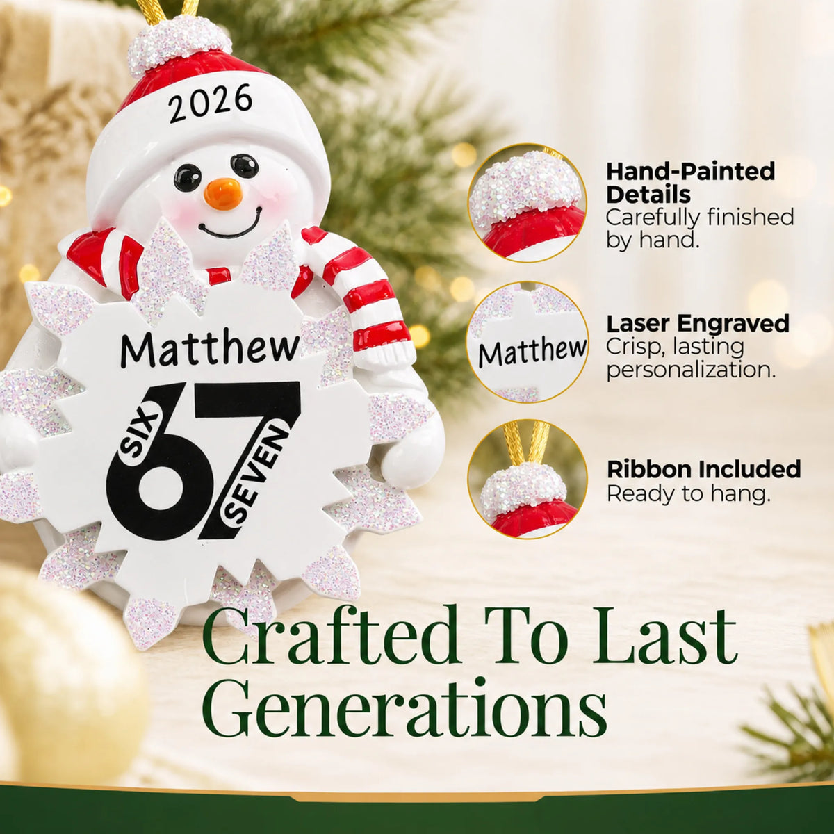 Hand-painted details and laser engraved personalization on the 6 7 viral slang christmas ornament, ribbon included