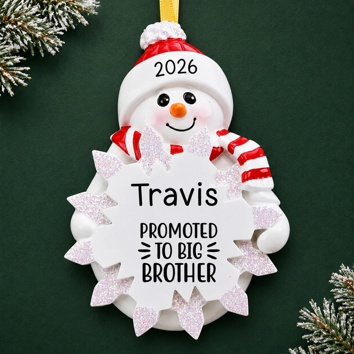 Personalized promoted to big brother christmas ornament on a dark green pine background