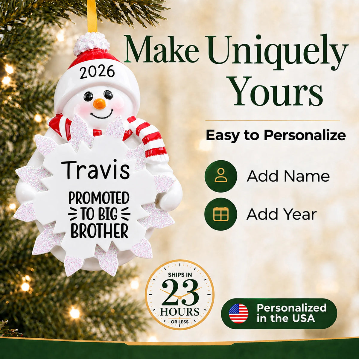 Make it yours: add names and year to the personalized promoted to big brother christmas ornament