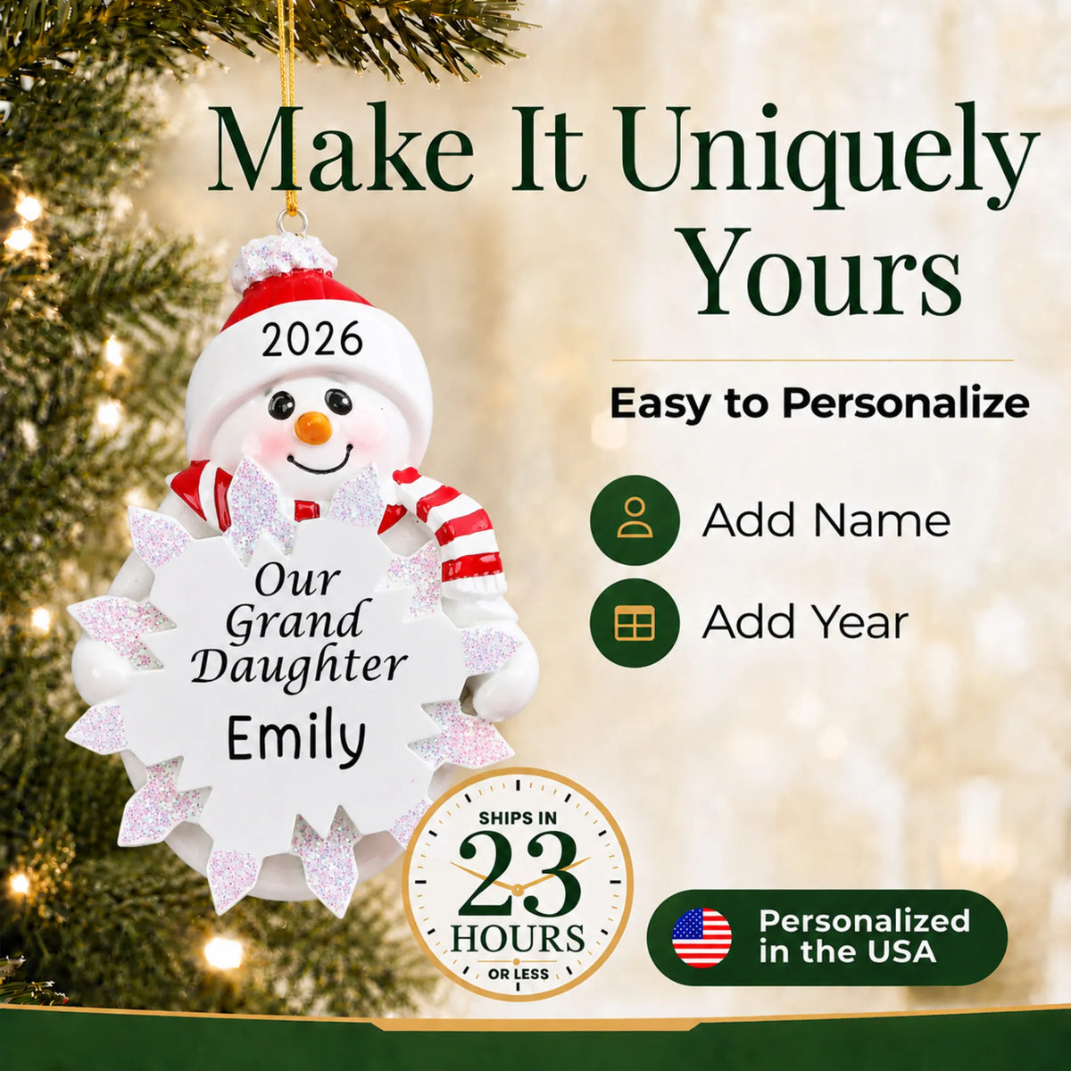 Make it yours: personalize the granddaughter snowman christmas ornament