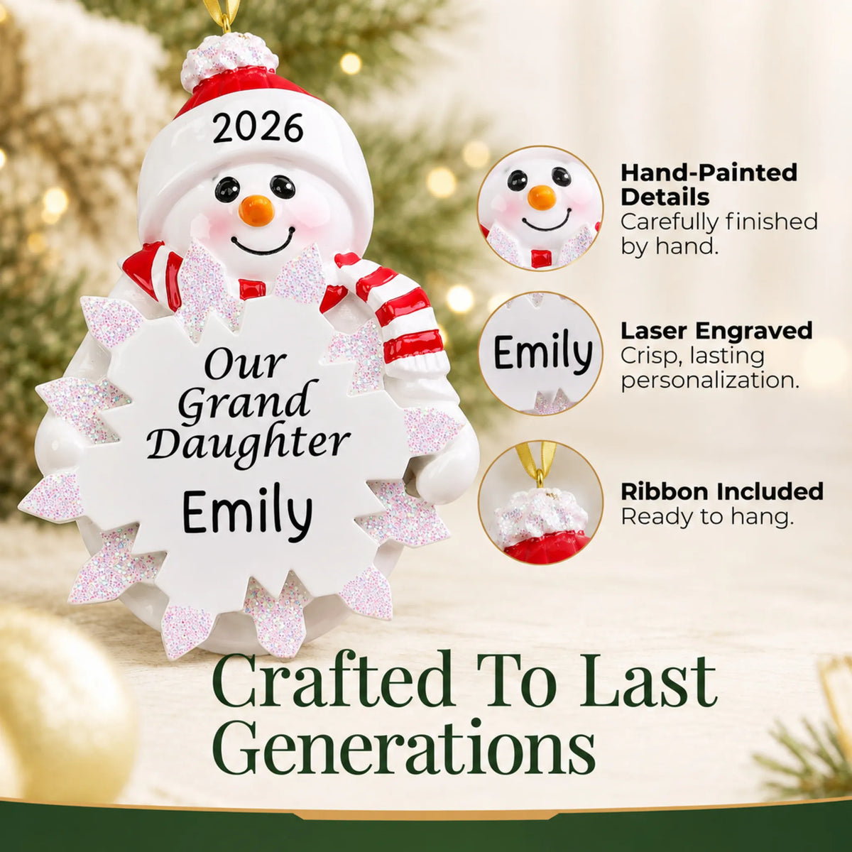 Hand-painted details and laser engraved personalization on the granddaughter snowman christmas ornament, ribbon included