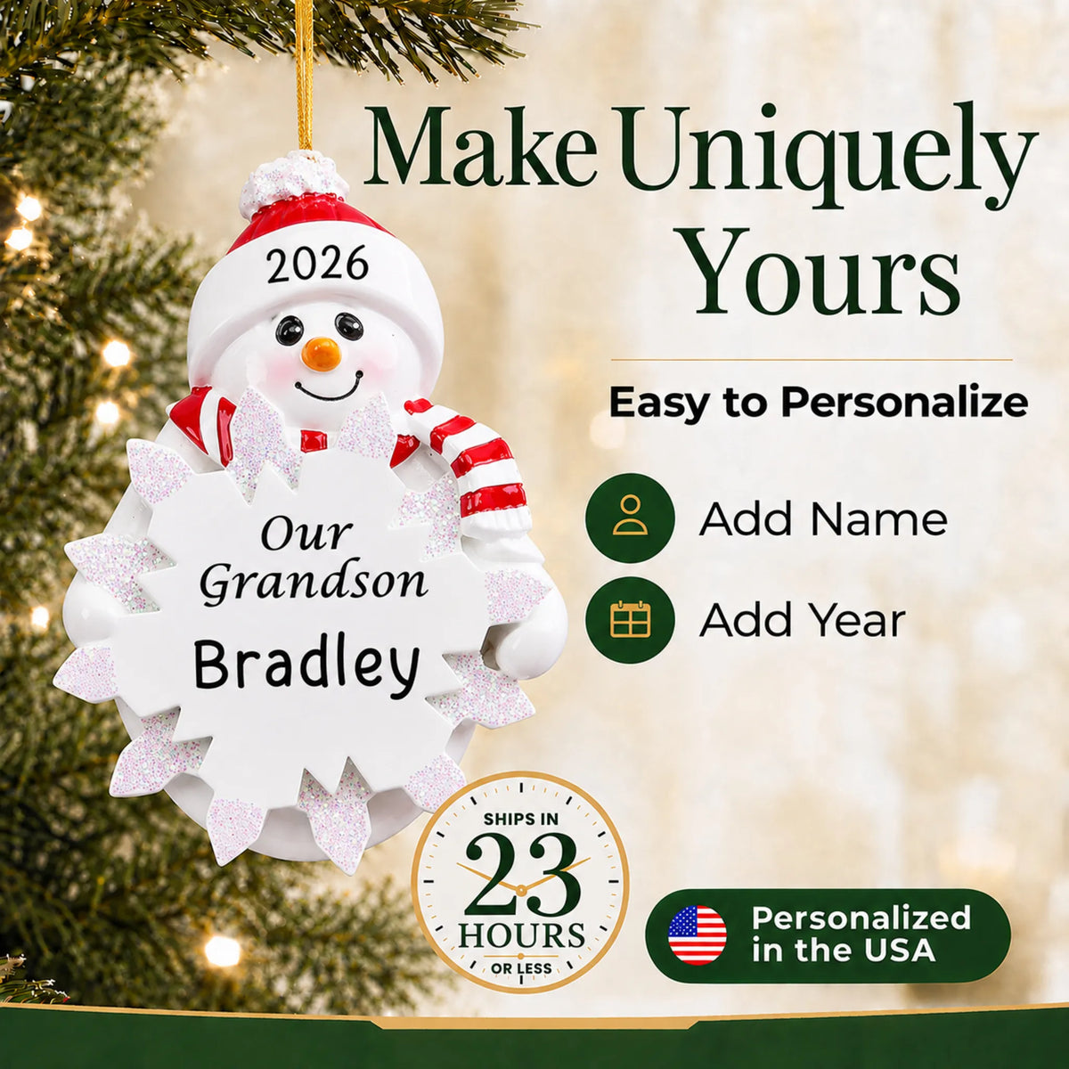 Make it yours: personalize the grandson snowman christmas ornament