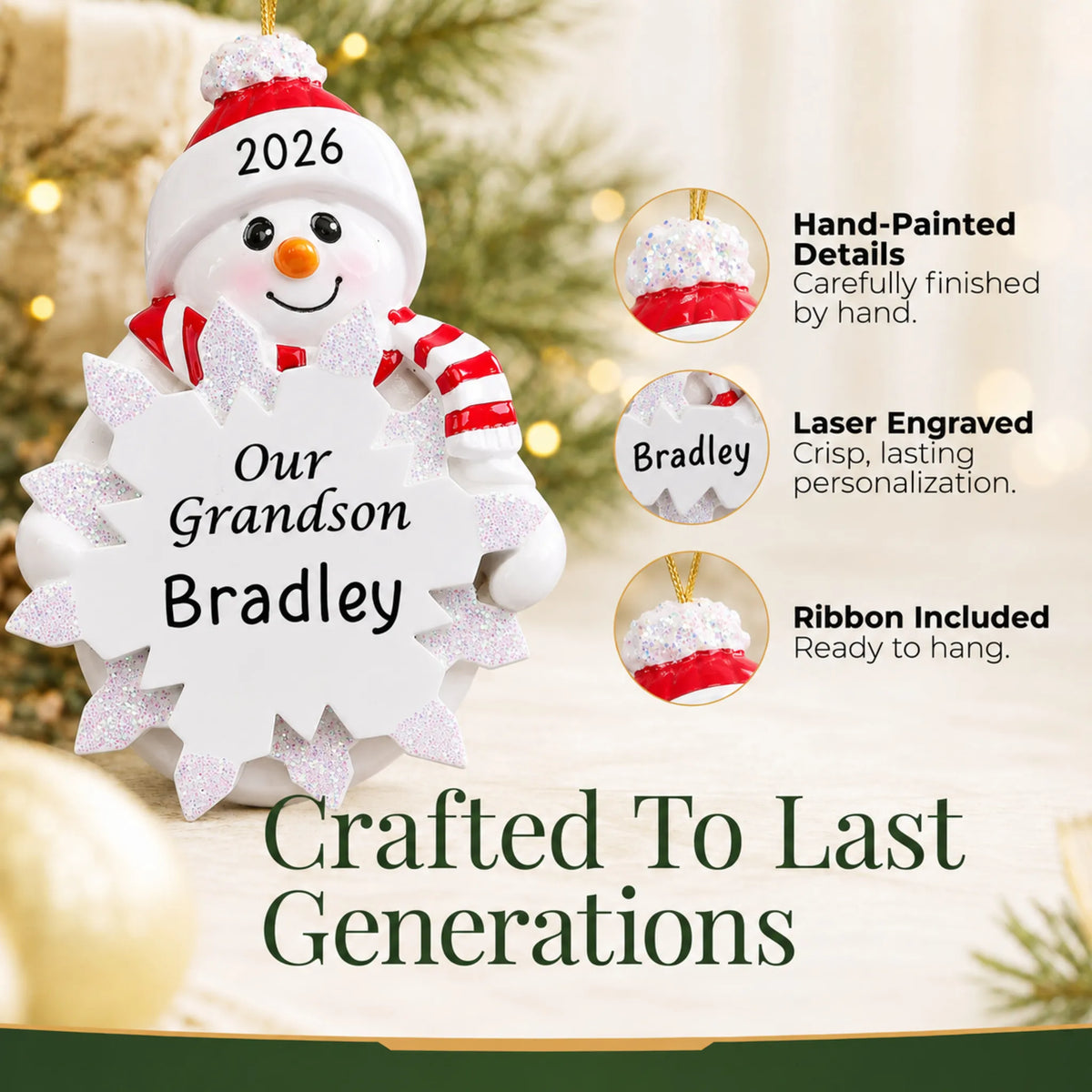 Hand-painted details and laser engraved personalization on the grandson snowman christmas ornament, ribbon included