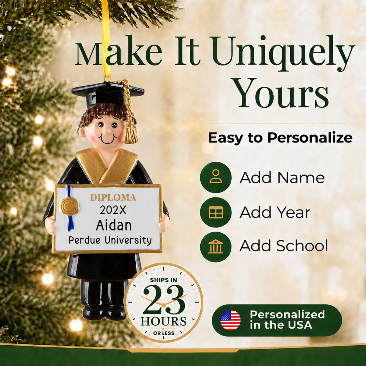 Personalize the graduation boy Christmas ornament with name, year and school name, ships in 23 hours