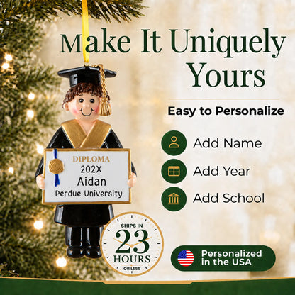 Personalize the graduation boy Christmas ornament with name, year and school name, ships in 23 hours