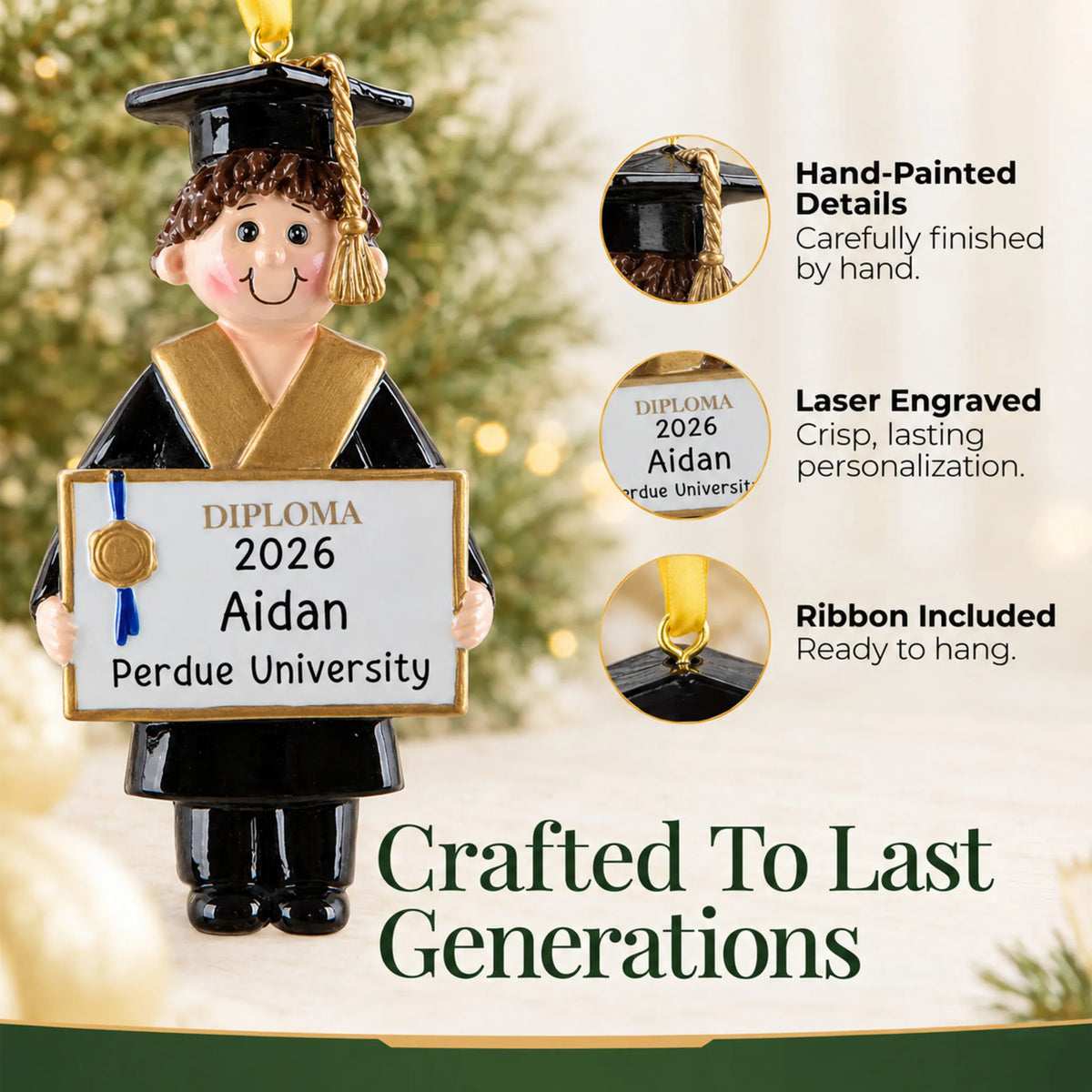 Close-up details of the graduation boy Christmas ornament: hand-painted finish, laser engraved diploma, ribbon included