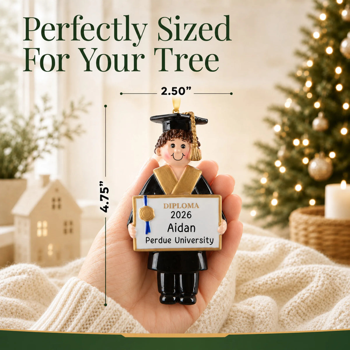 Personalized graduation boy Christmas ornament held in hand to show its 4.75 by 2.50 inch size