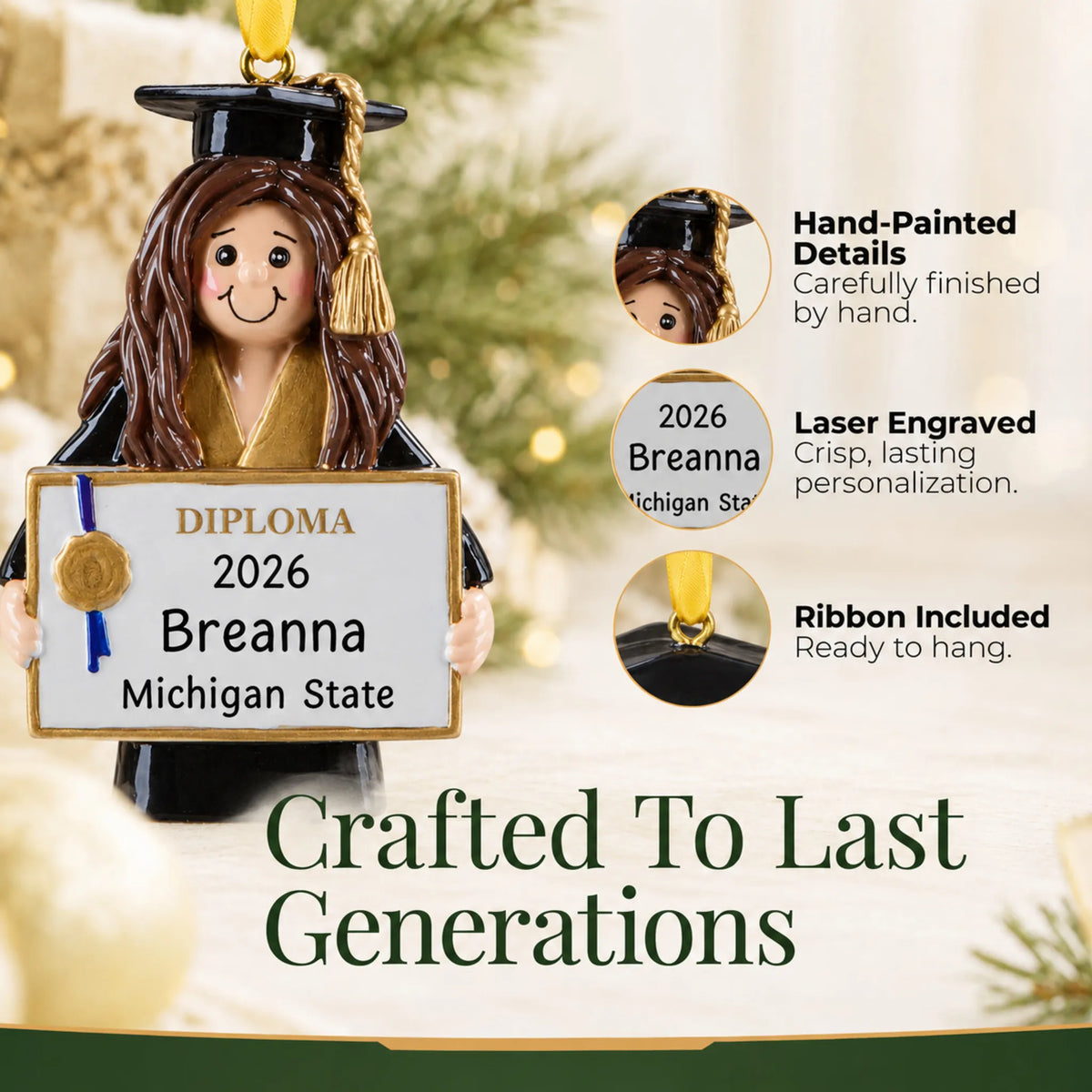 Close-up details of the graduation girl Christmas ornament: hand-painted finish, laser engraved diploma, ribbon included