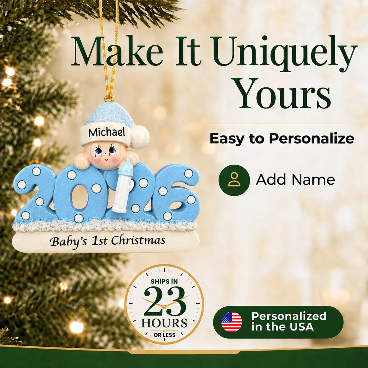 Make it yours: add name to the personalized baby boy's 1st christmas 2026 ornament