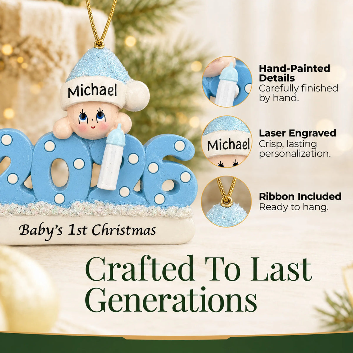 Hand-painted details and laser engraved personalization on the baby boy's 1st christmas 2026 ornament, ribbon included