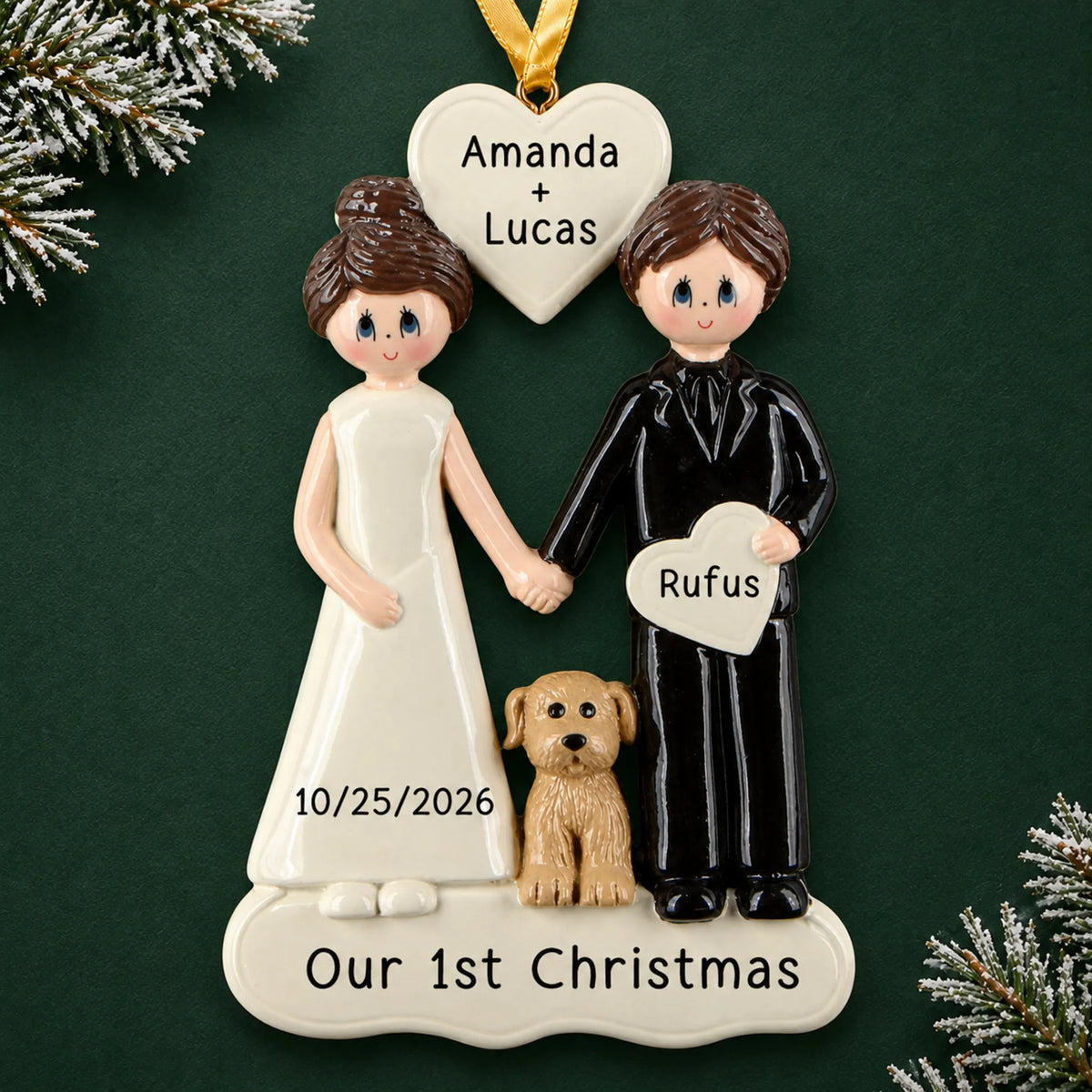 Personalized Wedding Couple With Dog christmas ornament on a dark green pine background