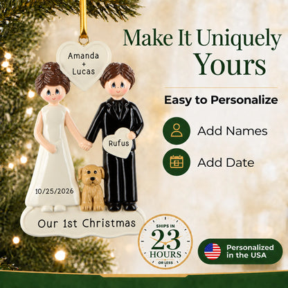 Make it yours: personalize the Wedding Couple With Dog christmas ornament with names and the date
