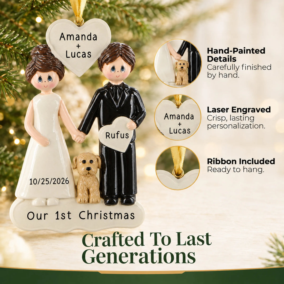 Hand-painted, laser engraved Wedding Couple With Dog christmas ornament, ribbon included