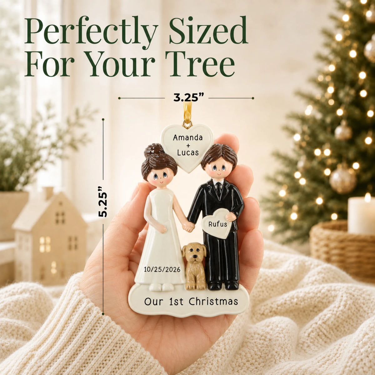 Size guide: the personalized Wedding Couple With Dog christmas ornament is 3.25 in wide by 5.25 in tall, shown in hand