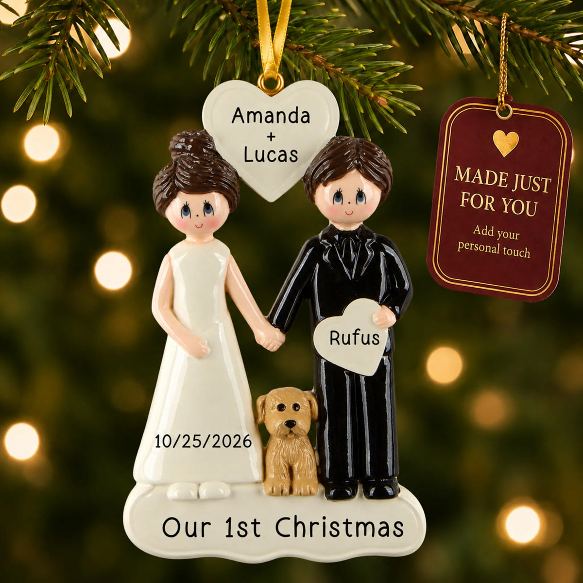 Wedding Couple With Dog christmas ornament hanging on a lit Christmas tree with a Made Just For You gift tag