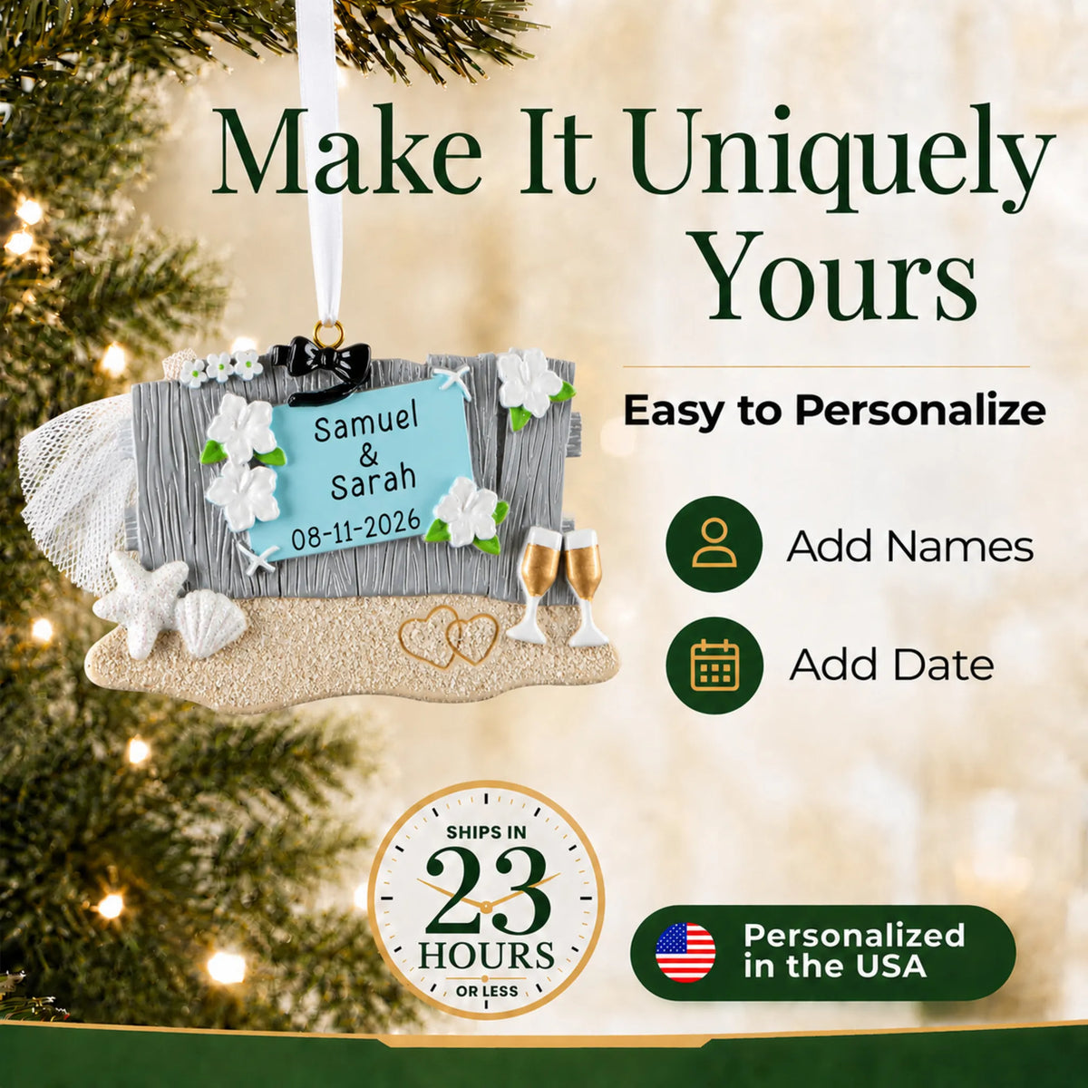 Make it yours: personalize the Beach Wedding christmas ornament with names and the date