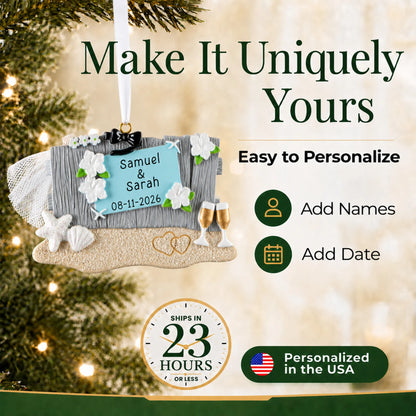 Make it yours: personalize the Beach Wedding christmas ornament with names and the date