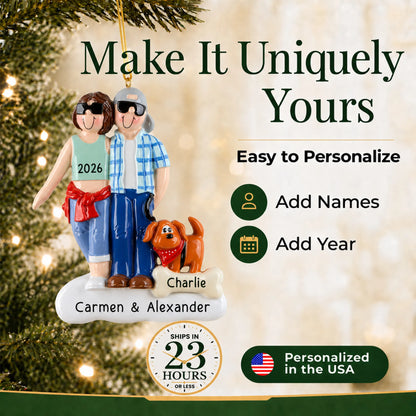 Make it yours: add names to the personalized cool couple with brown dog christmas ornament