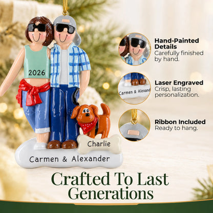 Hand-painted details and laser engraved personalization on the cool couple with brown dog christmas ornament, ribbon included