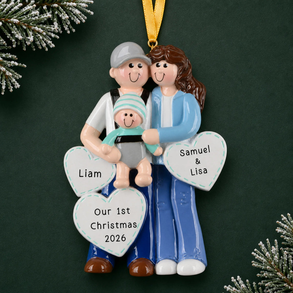 Personalized new parents with baby christmas ornament on a dark green pine background