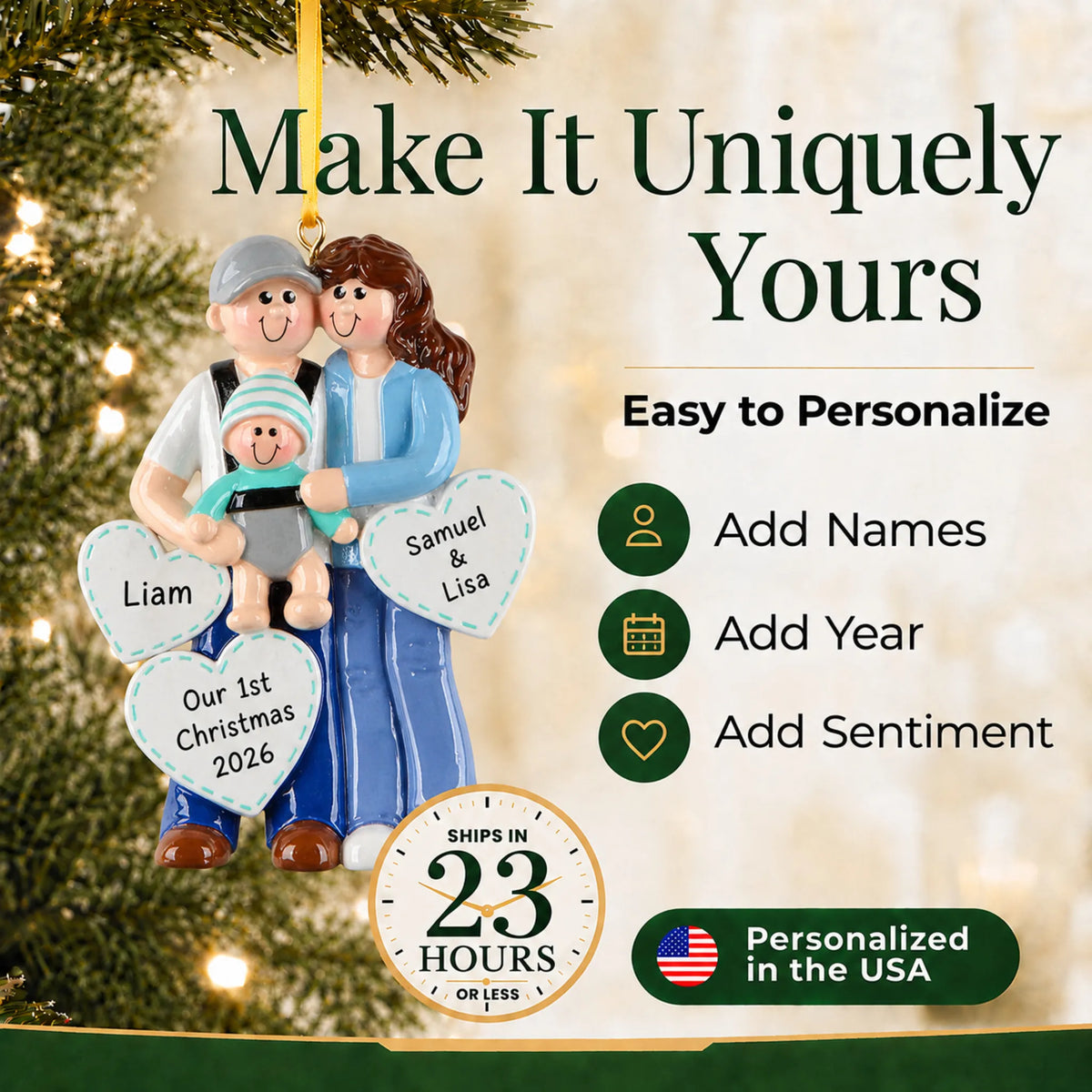 Make it yours: add names and year to the personalized new parents with baby christmas ornament