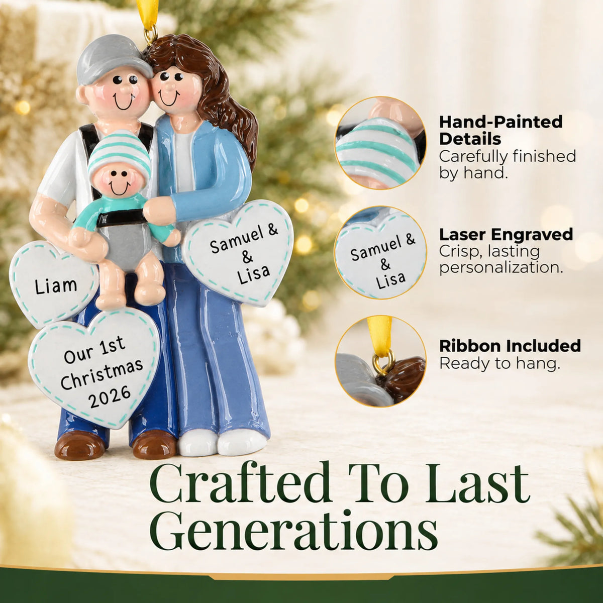Hand-painted details and laser engraved personalization on the new parents with baby christmas ornament, ribbon included