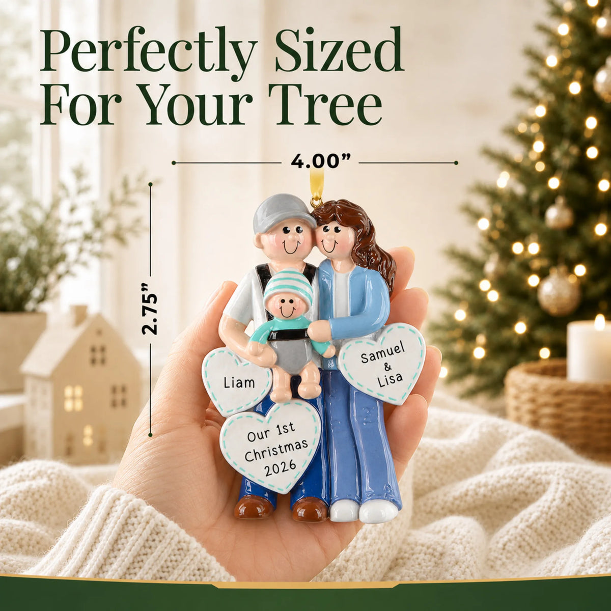Size guide: the personalized new parents with baby christmas ornament shown in hand next to a Christmas tree