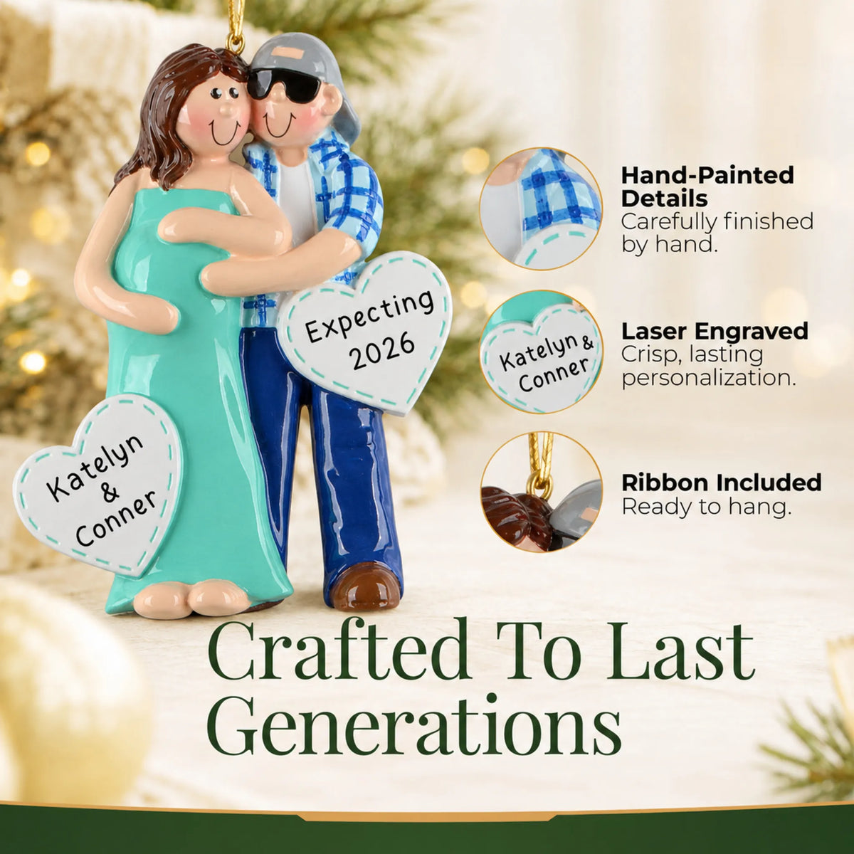 Hand-painted details and laser engraved personalization on the Expecting Couple christmas ornament, ribbon included