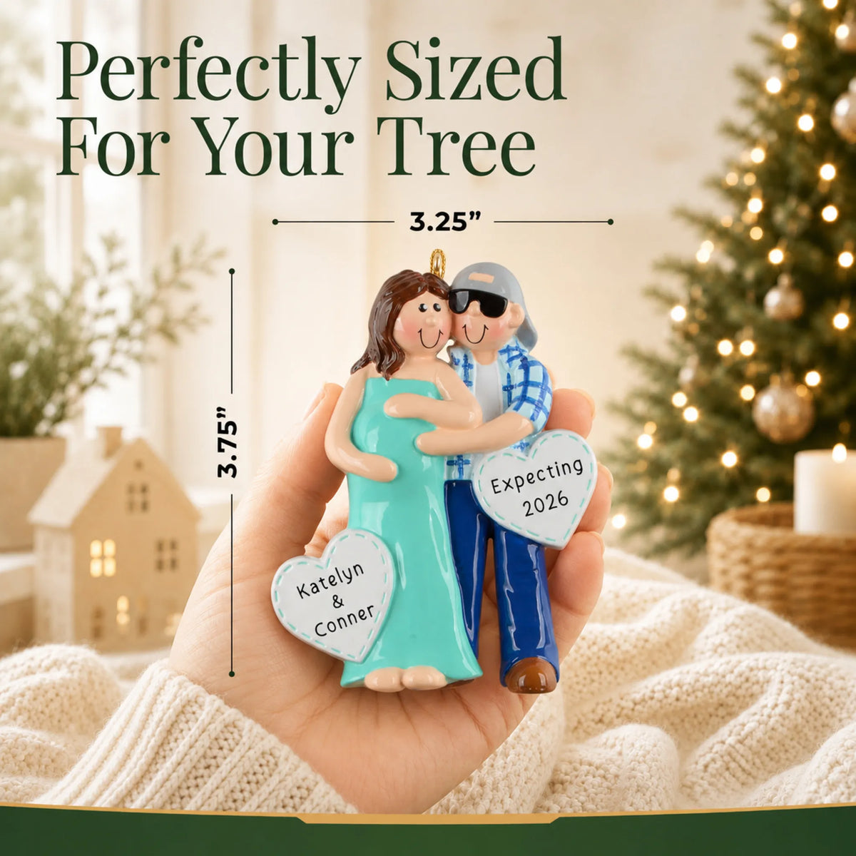 Size guide: the personalized Expecting Couple christmas ornament is 3.25 in wide by 3.75 in tall, shown in hand