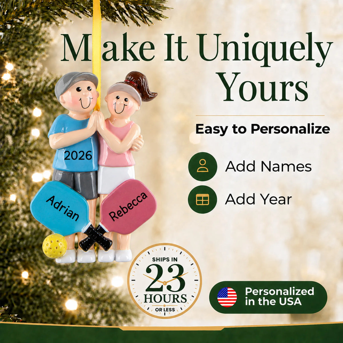 Make it yours: add names and year to the personalized pickleball couple christmas ornament