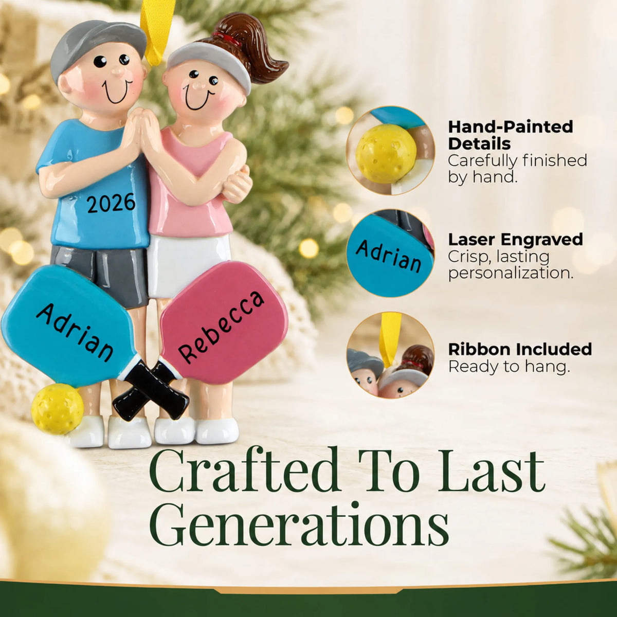 Hand-painted details and laser engraved personalization on the pickleball couple christmas ornament, ribbon included