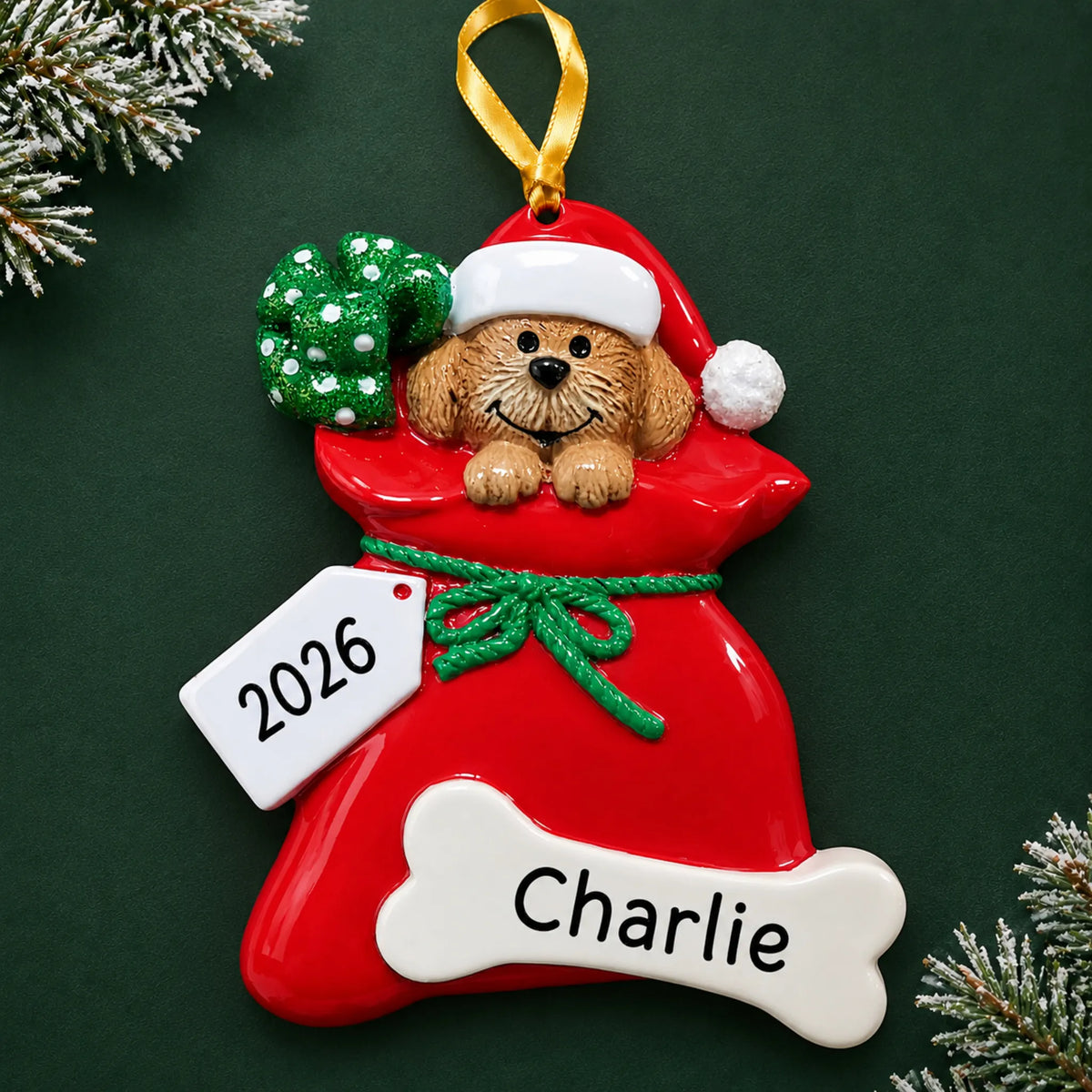 Personalized Puppy Dog christmas ornament on a dark green pine background