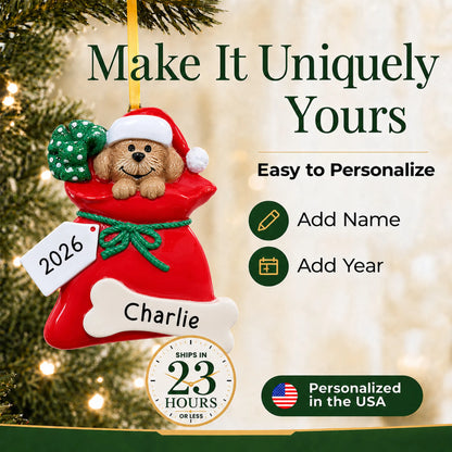 Make it yours: personalize the Puppy Dog christmas ornament with your dog's name and the year