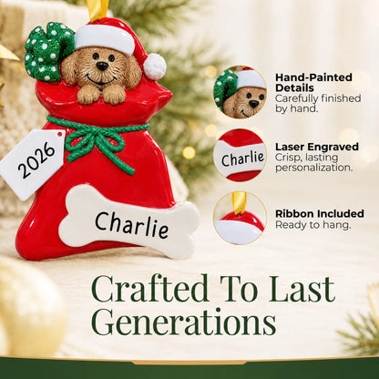 Hand-painted, laser engraved Puppy Dog christmas ornament, ribbon included