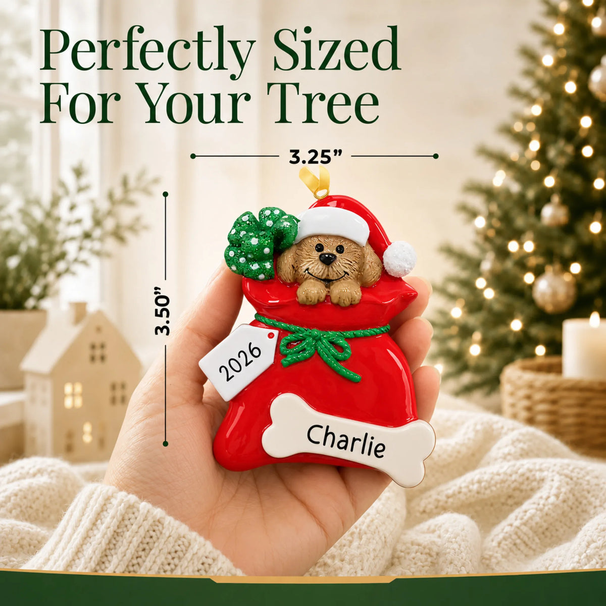 Size guide: the personalized Puppy Dog christmas ornament is 3.25 in wide by 3.50 in tall, shown in hand