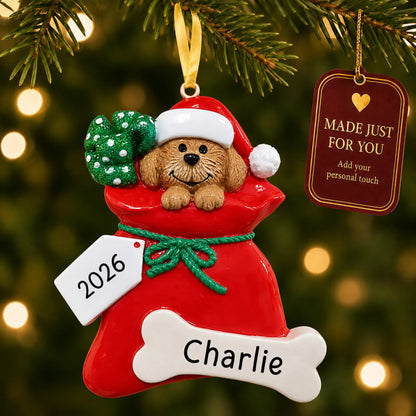Puppy Dog christmas ornament hanging on a lit Christmas tree with a Made Just For You gift tag