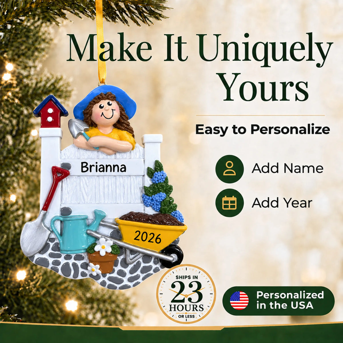 Make it yours: add name and year to the personalized woman gardener christmas ornament