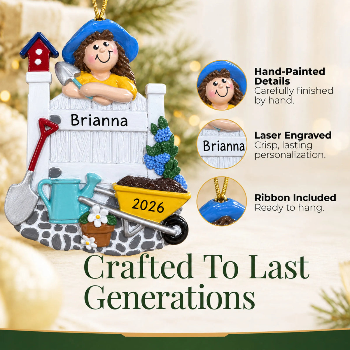 Hand-painted details and laser engraved personalization on the woman gardener christmas ornament, ribbon included