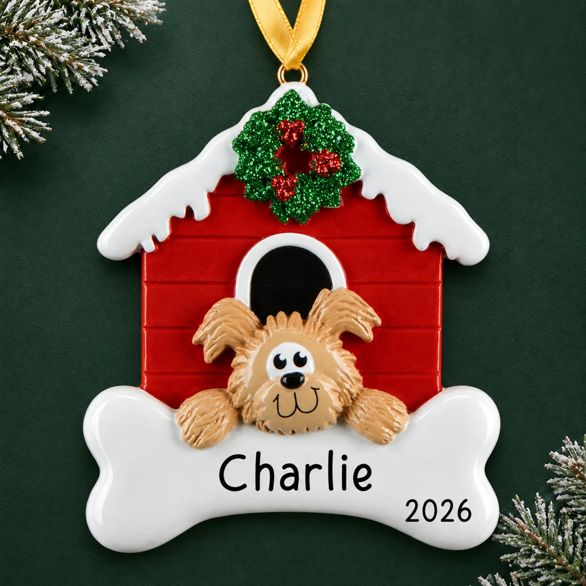 Personalized Brown Dog House christmas ornament on a dark green pine background