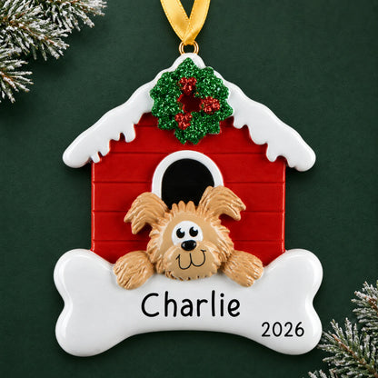 Personalized Brown Dog House christmas ornament on a dark green pine background