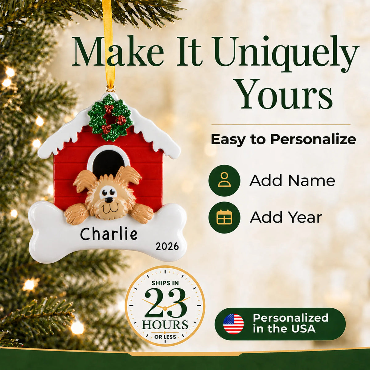 Make it yours: personalize the Brown Dog House christmas ornament with your dog's name and the year