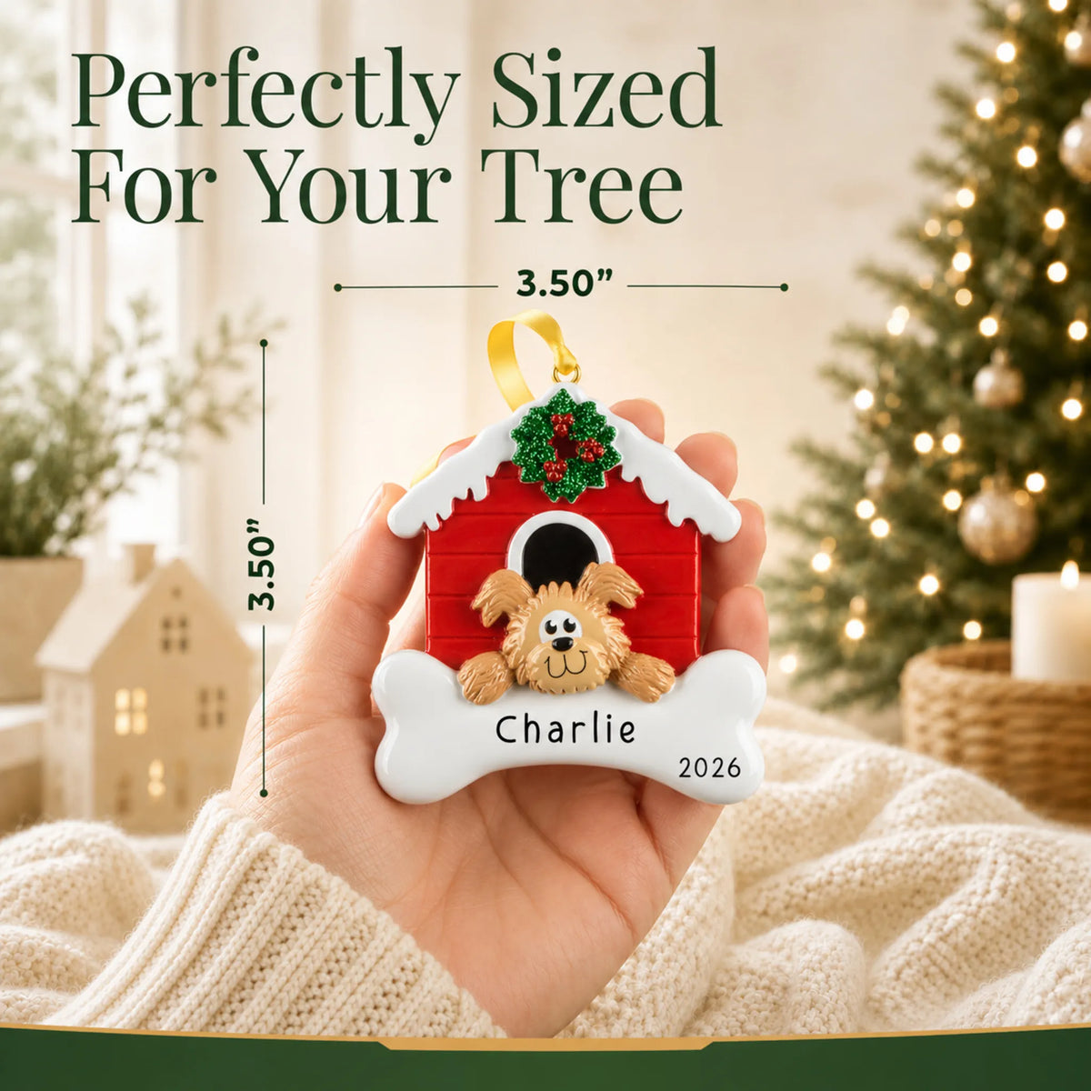 Size guide: the personalized Brown Dog House christmas ornament is 3.50 in wide by 3.50 in tall, shown in hand