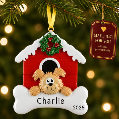 Brown Dog House christmas ornament hanging on a lit Christmas tree with a Made Just For You gift tag