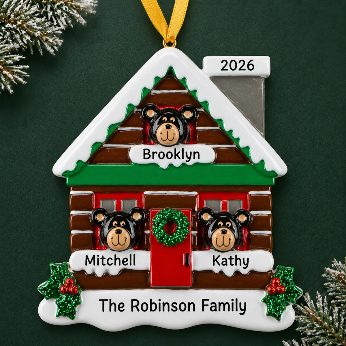 Personalized mountain cabin family of 3 christmas ornament on a dark green pine background